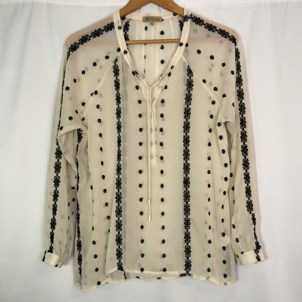 Democracy Sheer Cream Blouse with Black Long Sleeve Embroidery Size M